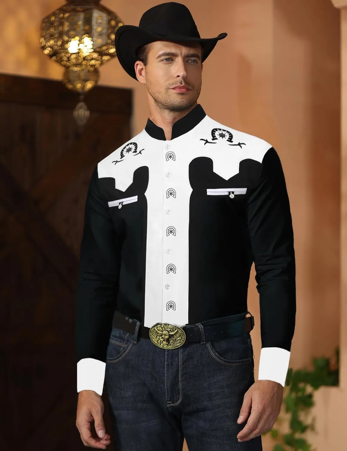 Men's Western Cowboy Shirt Banded Collar Embroidered Casual Long Sleeve Button Down Cotton Shirts