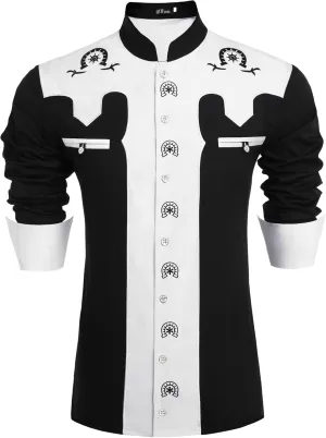 Men's Western Cowboy Shirt Banded Collar Embroidered Casual Long Sleeve Button Down Cotton Shirts