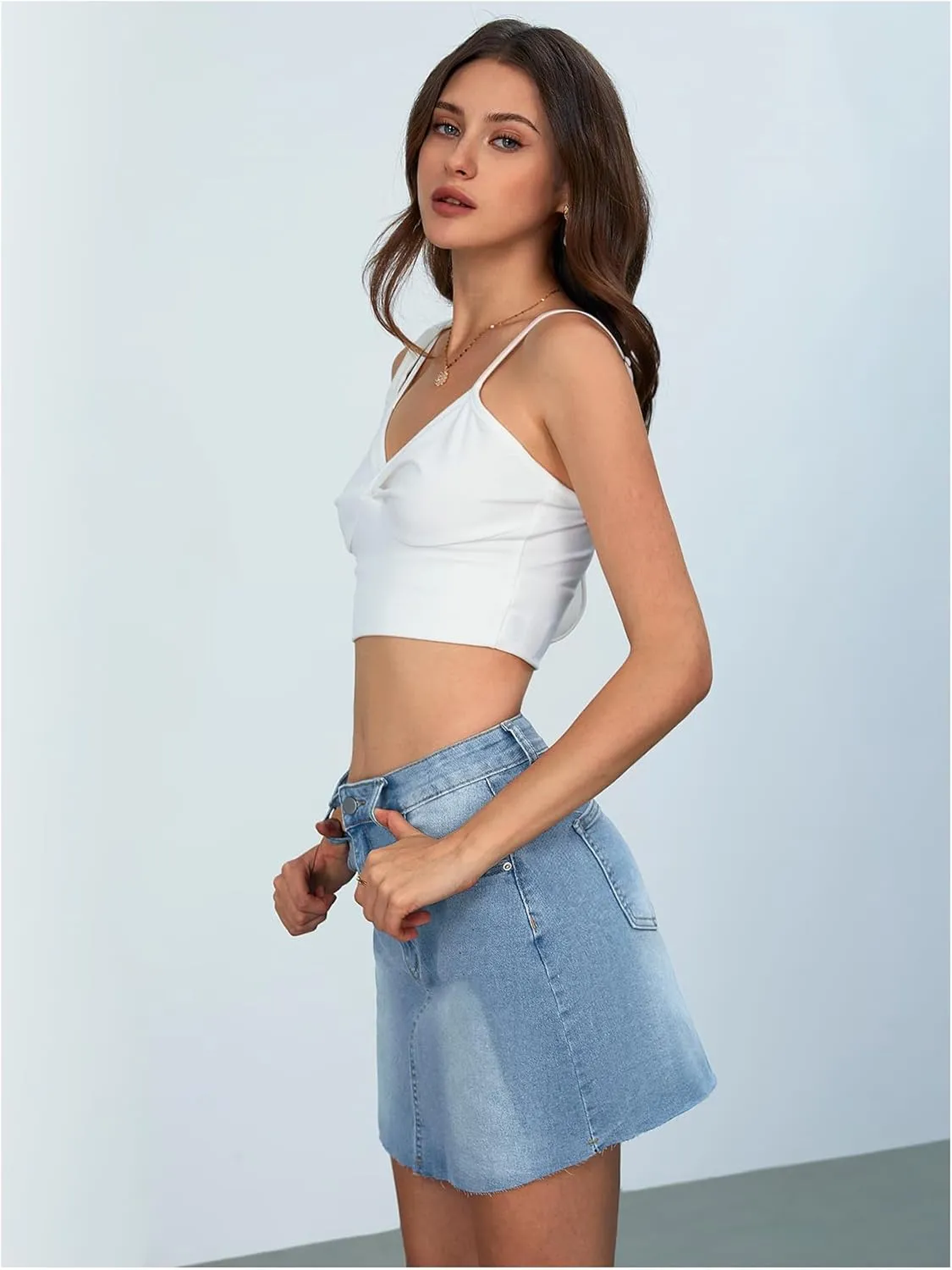 Milumia Women's Button Front Denim Mini Skirt Raw Hem Straight Short Skirt with Pockets