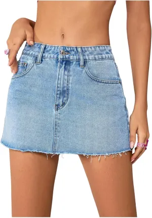 Milumia Women's Button Front Denim Mini Skirt Raw Hem Straight Short Skirt with Pockets