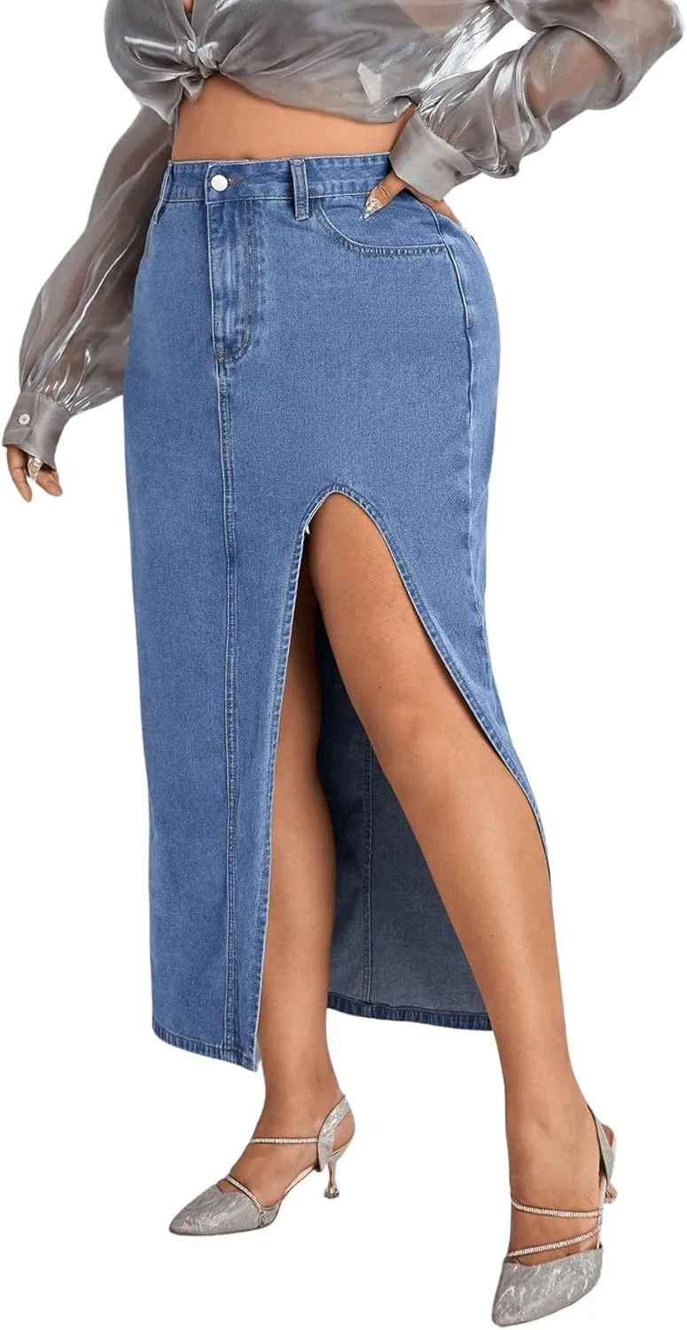 Milumia Women's Plus Size Split Thigh Denim Skirt High Waisted Long Jean Skirts