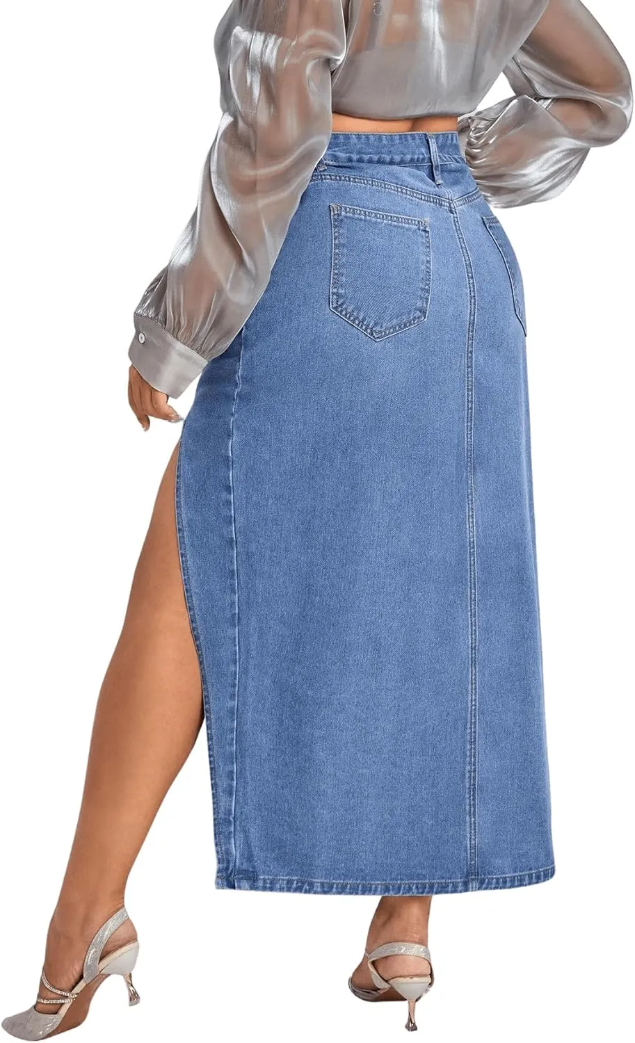 Milumia Women's Plus Size Split Thigh Denim Skirt High Waisted Long Jean Skirts