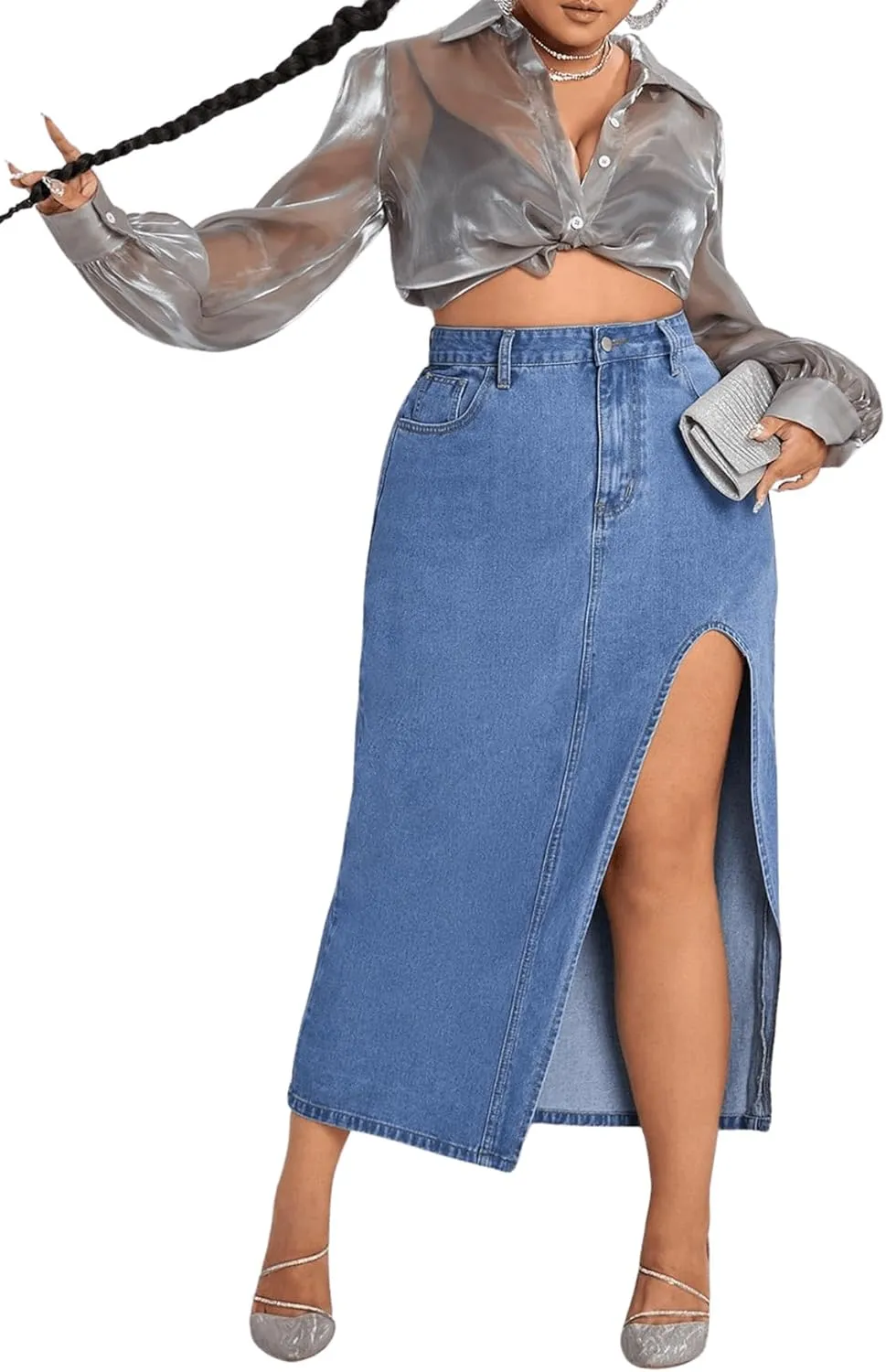 Milumia Women's Plus Size Split Thigh Denim Skirt High Waisted Long Jean Skirts