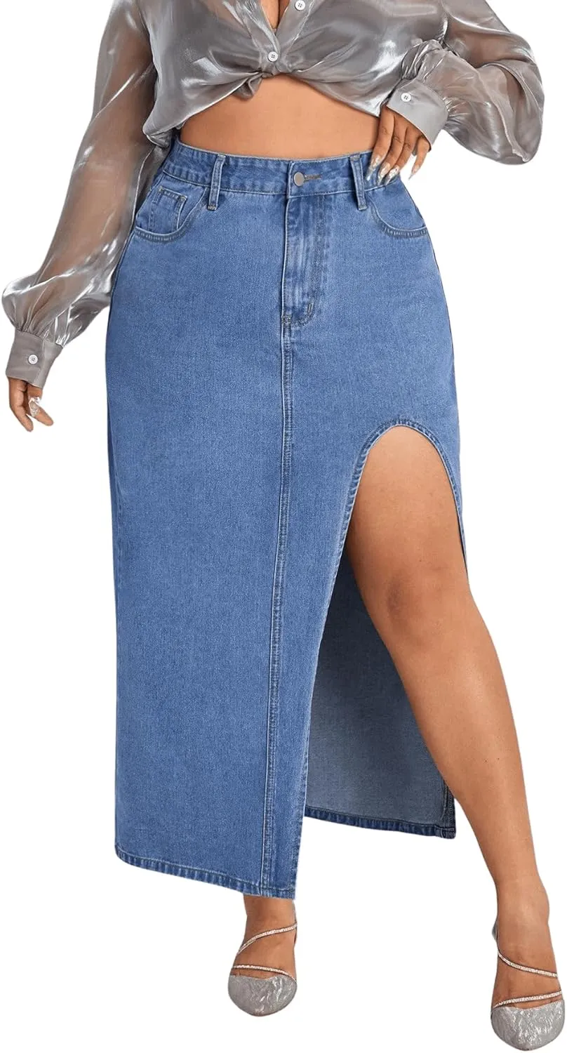 Milumia Women's Plus Size Split Thigh Denim Skirt High Waisted Long Jean Skirts