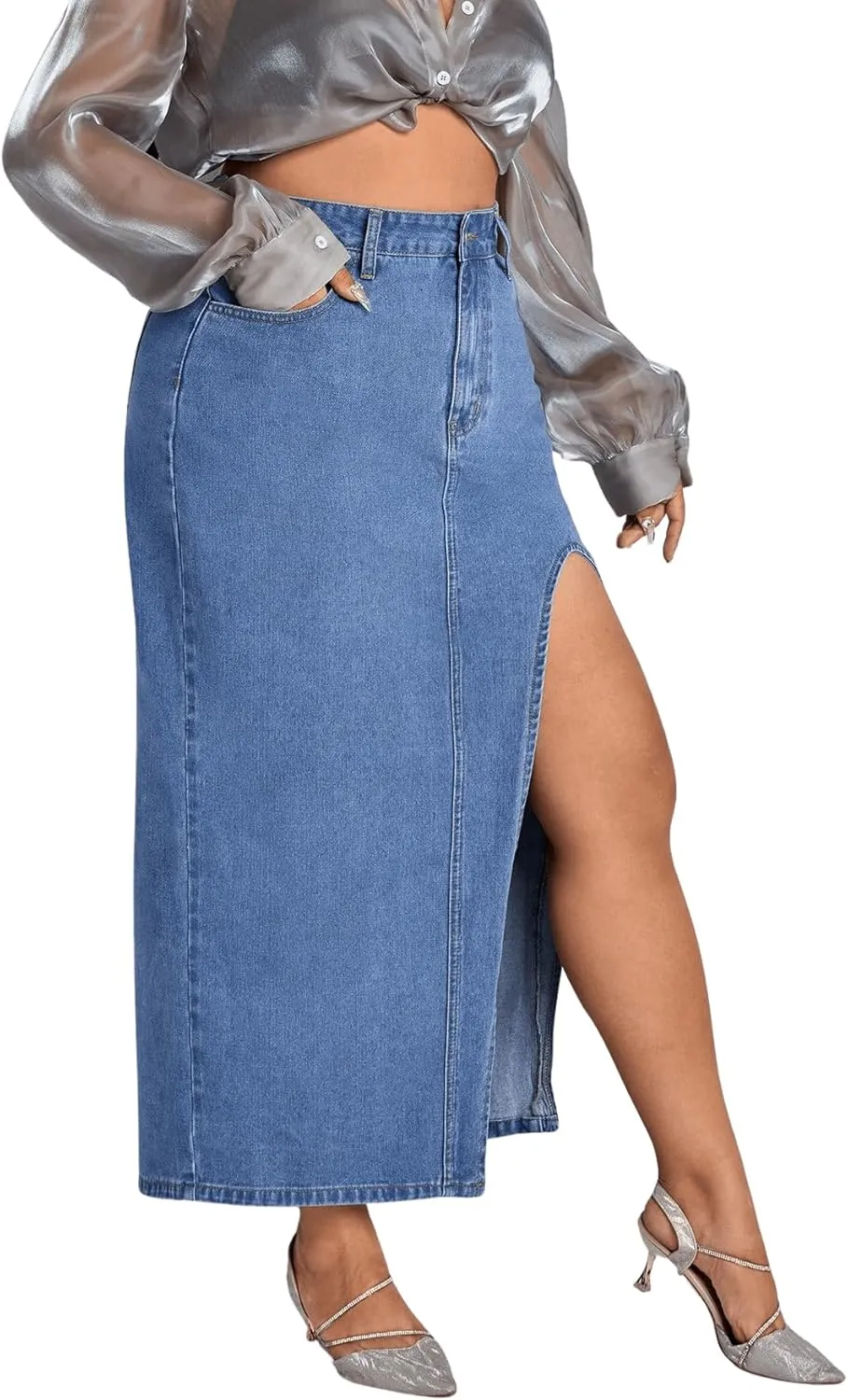 Milumia Women's Plus Size Split Thigh Denim Skirt High Waisted Long Jean Skirts