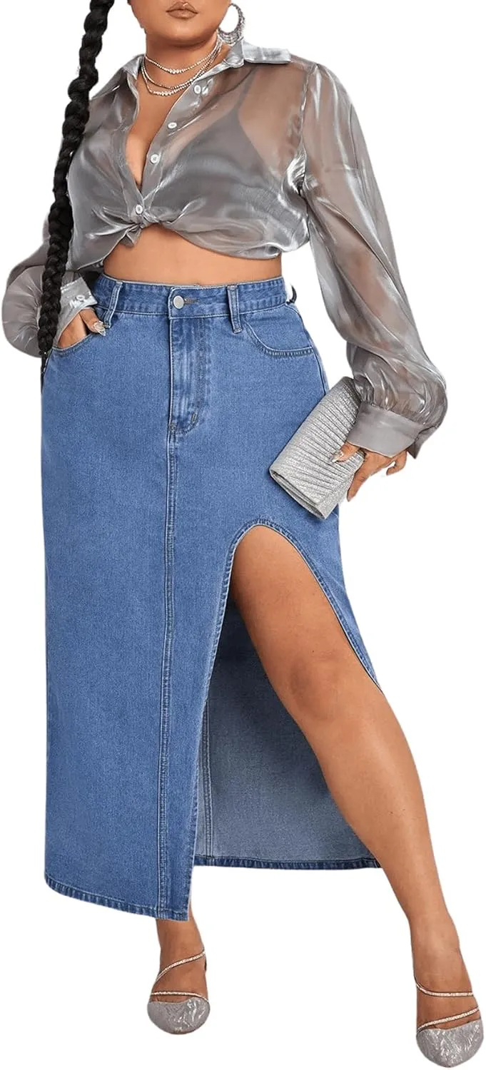 Milumia Women's Plus Size Split Thigh Denim Skirt High Waisted Long Jean Skirts