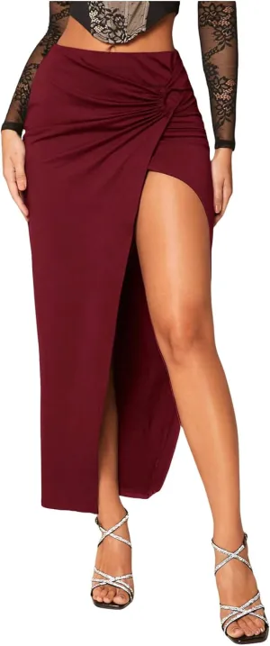 Milumia Women's Twist Front Slit Thigh Long Skirt High Waisted Asymmetrical Maxi Skirts