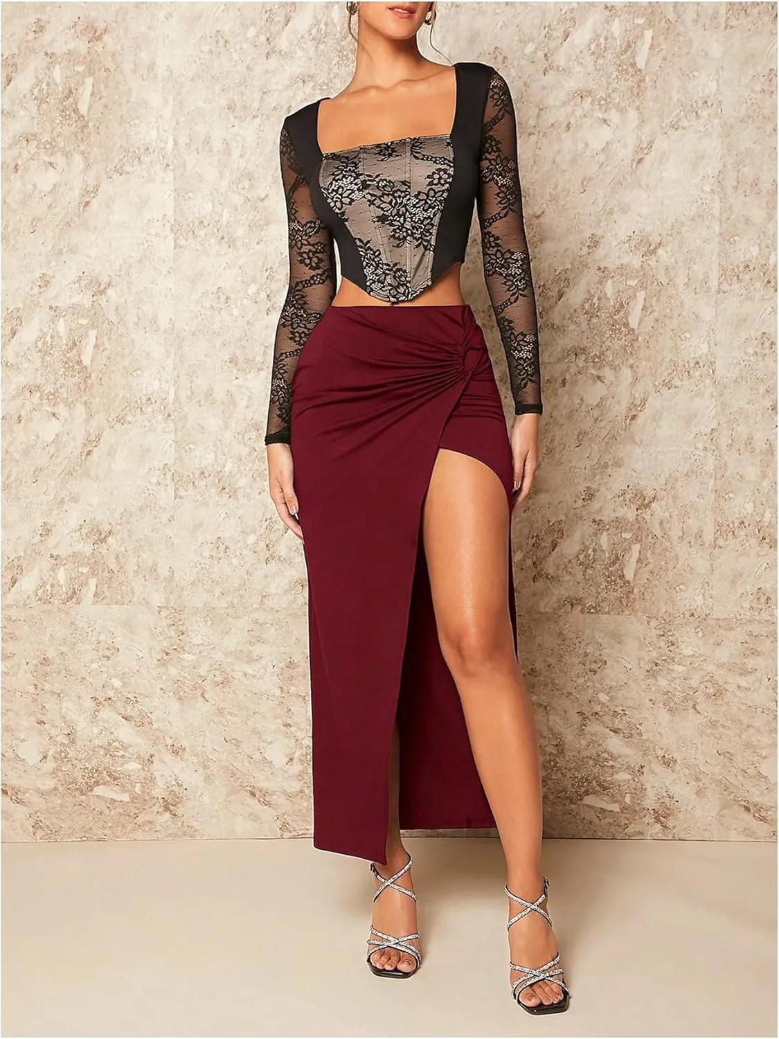 Milumia Women's Twist Front Slit Thigh Long Skirt High Waisted Asymmetrical Maxi Skirts