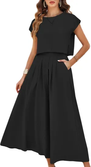Mingzhu Womens 2 Piece Outfits Skirt Set Summer Casual Cap Sleeve Crop Tops Maxi Dress Sets with Pockets(0919-Black-L)