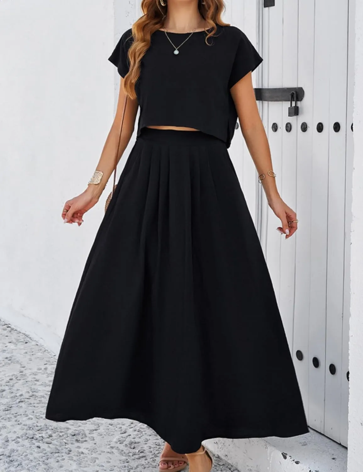 Mingzhu Womens 2 Piece Outfits Skirt Set Summer Casual Cap Sleeve Crop Tops Maxi Dress Sets with Pockets