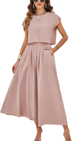 Mingzhu Womens 2 Piece Outfits Skirt Set Summer Casual Cap Sleeve Crop Tops Maxi Dress Sets with Pockets