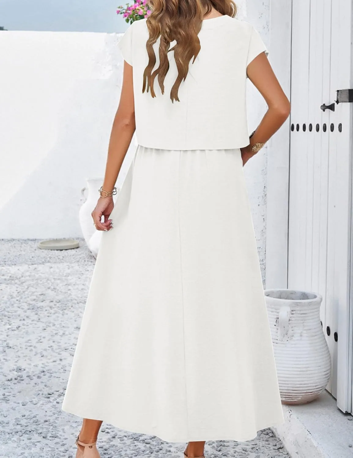 Mingzhu Womens 2 Piece Outfits Skirt Set Summer Casual Cap Sleeve Crop Tops Maxi Dress Sets with Pockets