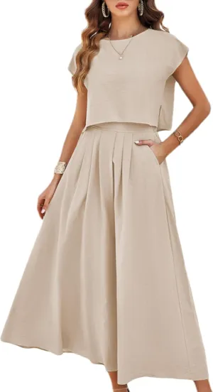 Mingzhu Womens 2 Piece Outfits Skirt Set Summer Casual Cap Sleeve Crop Tops Maxi Dress Sets with Pockets