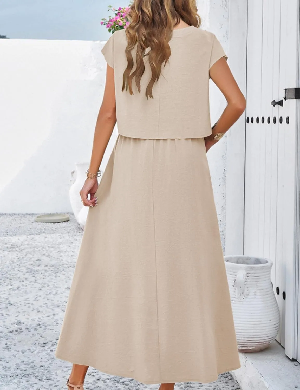 Mingzhu Womens 2 Piece Outfits Skirt Set Summer Casual Cap Sleeve Crop Tops Maxi Dress Sets with Pockets
