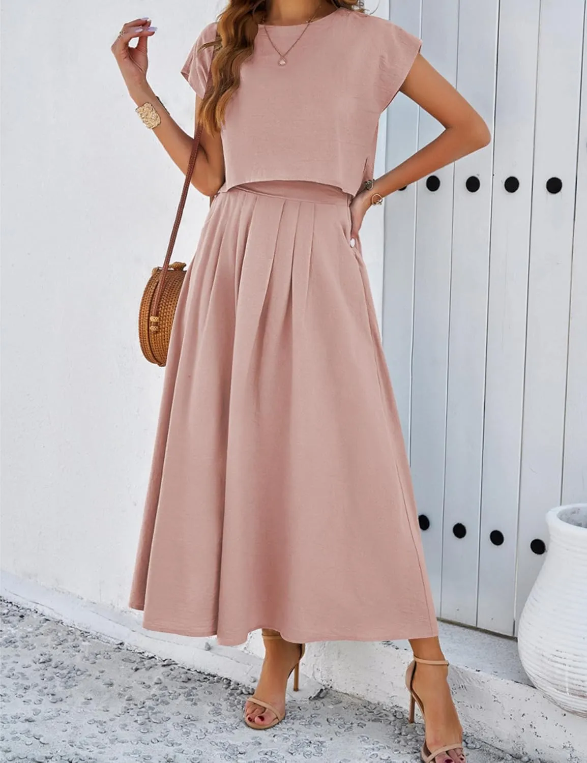 Mingzhu Womens 2 Piece Outfits Skirt Set Summer Casual Cap Sleeve Crop Tops Maxi Dress Sets with Pockets