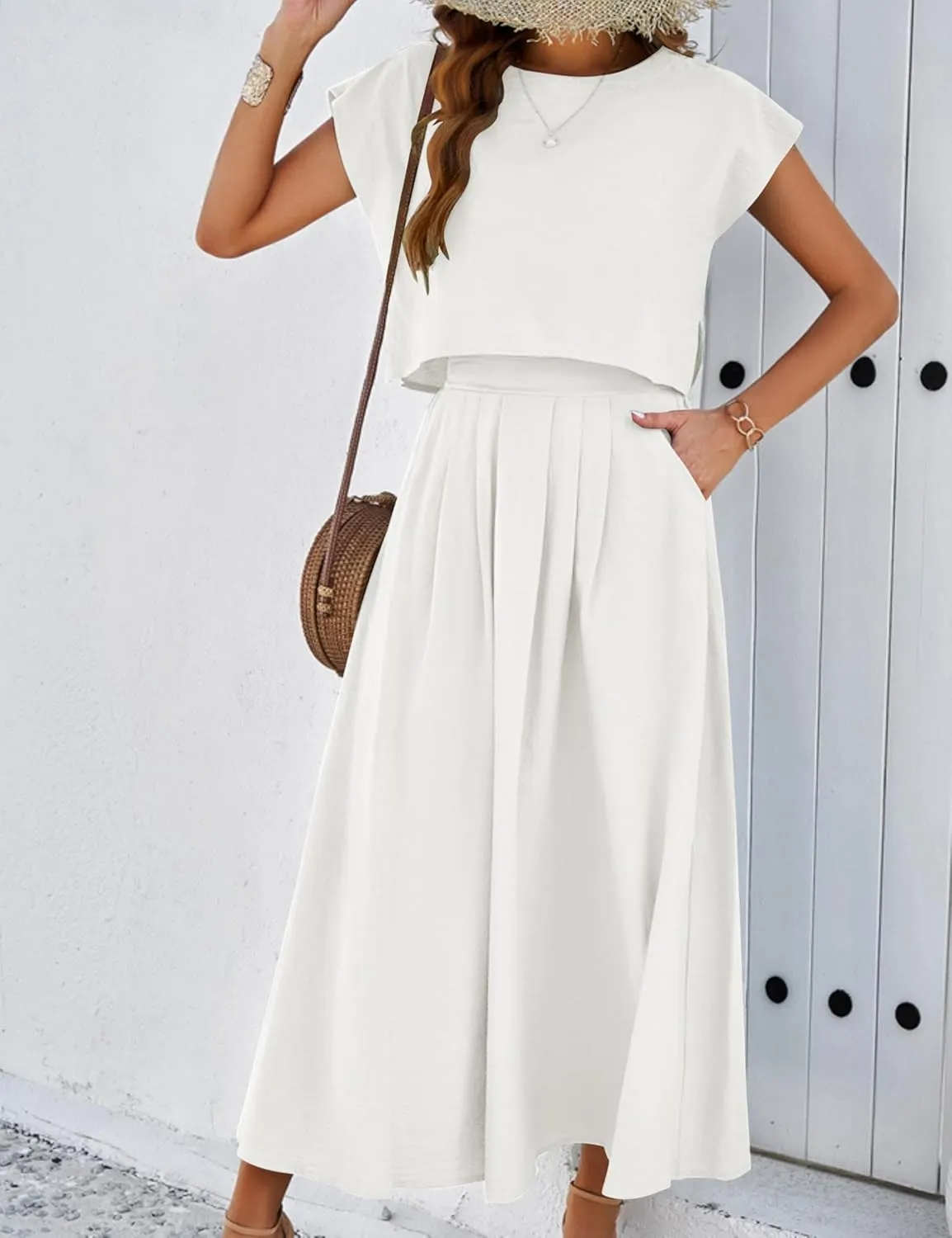 Mingzhu Womens 2 Piece Outfits Skirt Set Summer Casual Cap Sleeve Crop Tops Maxi Dress Sets with Pockets