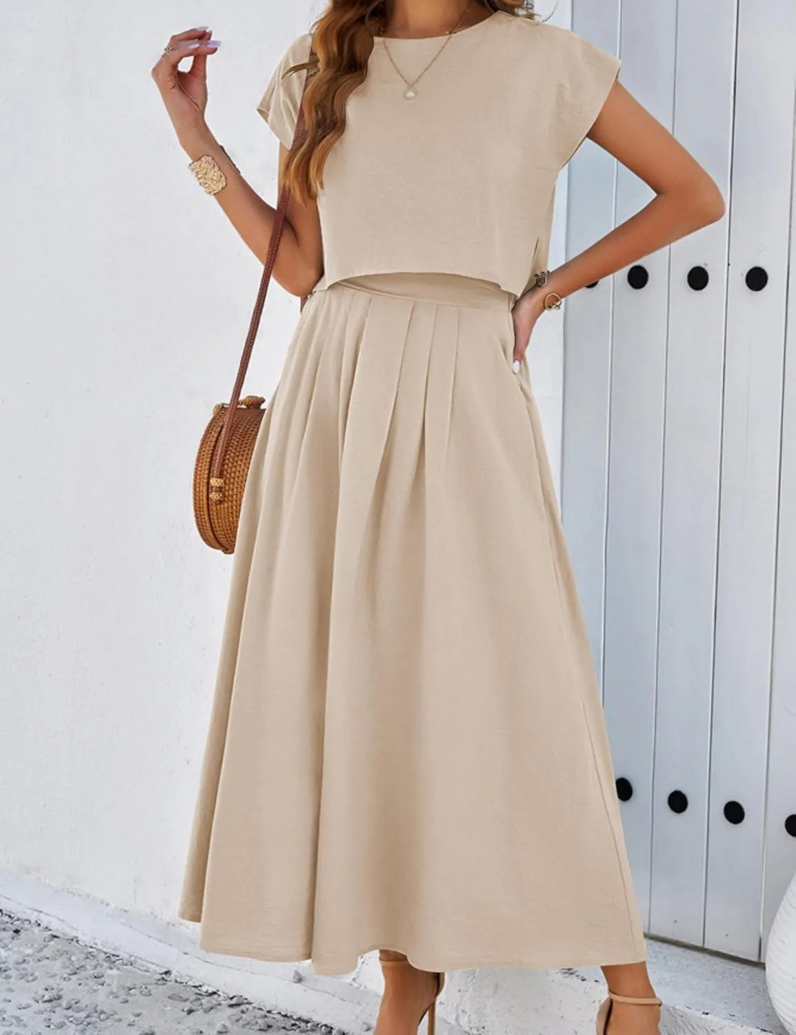 Mingzhu Womens 2 Piece Outfits Skirt Set Summer Casual Cap Sleeve Crop Tops Maxi Dress Sets with Pockets