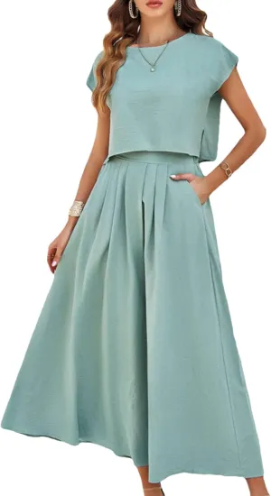 Mingzhu Womens 2 Piece Outfits Skirt Set Summer Casual Cap Sleeve Crop Tops Maxi Dress Sets with Pockets
