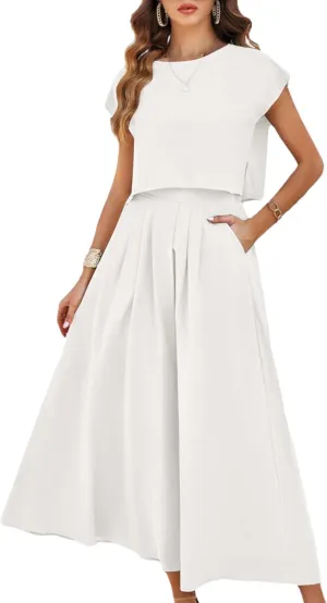 Mingzhu Womens 2 Piece Outfits Skirt Set Summer Casual Cap Sleeve Crop Tops Maxi Dress Sets with Pockets