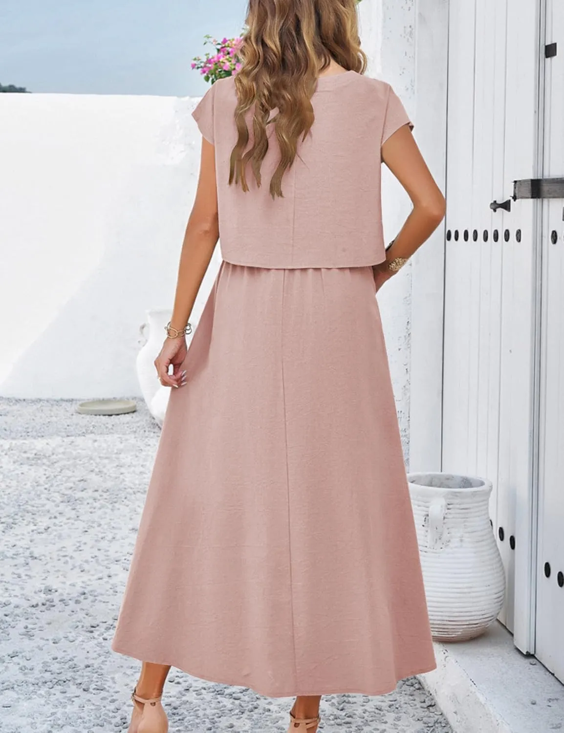 Mingzhu Womens 2 Piece Outfits Skirt Set Summer Casual Cap Sleeve Crop Tops Maxi Dress Sets with Pockets