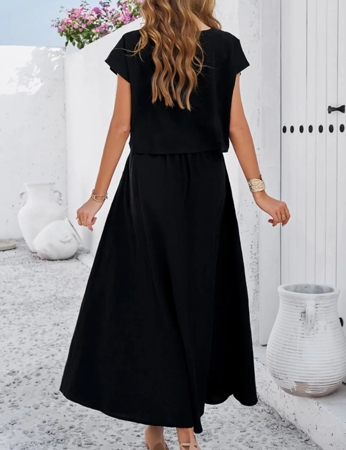 Mingzhu Womens 2 Piece Outfits Skirt Set Summer Casual Cap Sleeve Crop Tops Maxi Dress Sets with Pockets