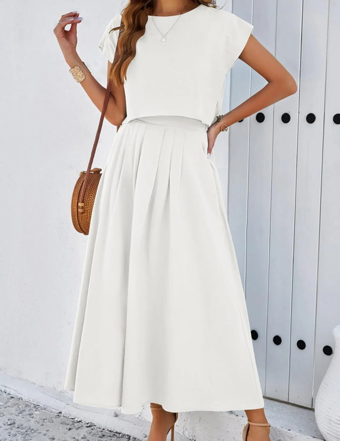 Mingzhu Womens 2 Piece Outfits Skirt Set Summer Casual Cap Sleeve Crop Tops Maxi Dress Sets with Pockets