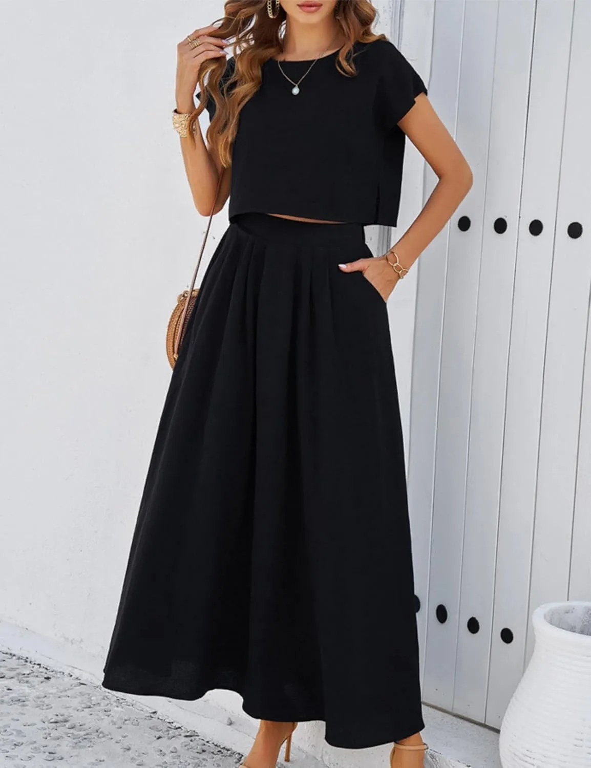 Mingzhu Womens 2 Piece Outfits Skirt Set Summer Casual Cap Sleeve Crop Tops Maxi Dress Sets with Pockets
