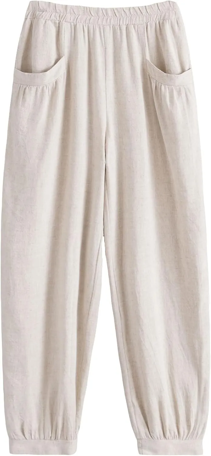 Minibee Women's Cotton Linen Tapered Cropped Pants Elastic Waist Trousers