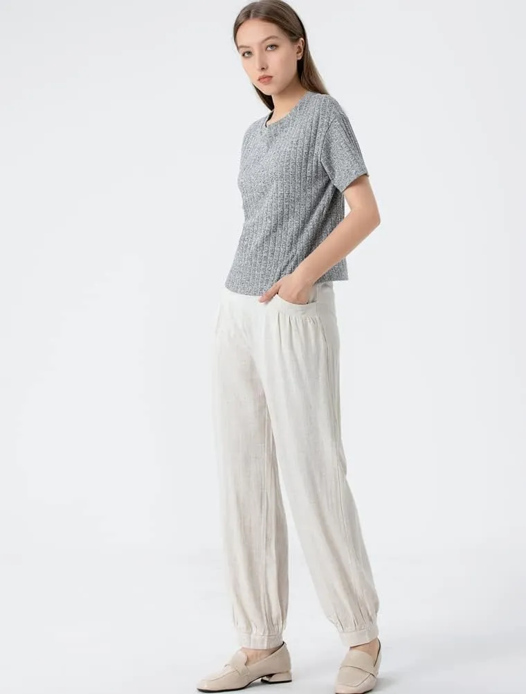 Minibee Women's Cotton Linen Tapered Cropped Pants Elastic Waist Trousers