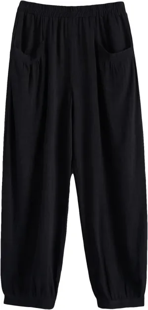 Minibee Women's Cotton Linen Tapered Cropped Pants Elastic Waist Trousers