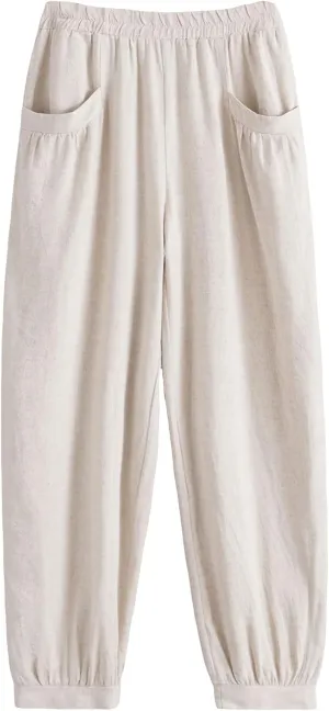 Minibee Women's Cotton Linen Tapered Cropped Pants Elastic Waist Trousers