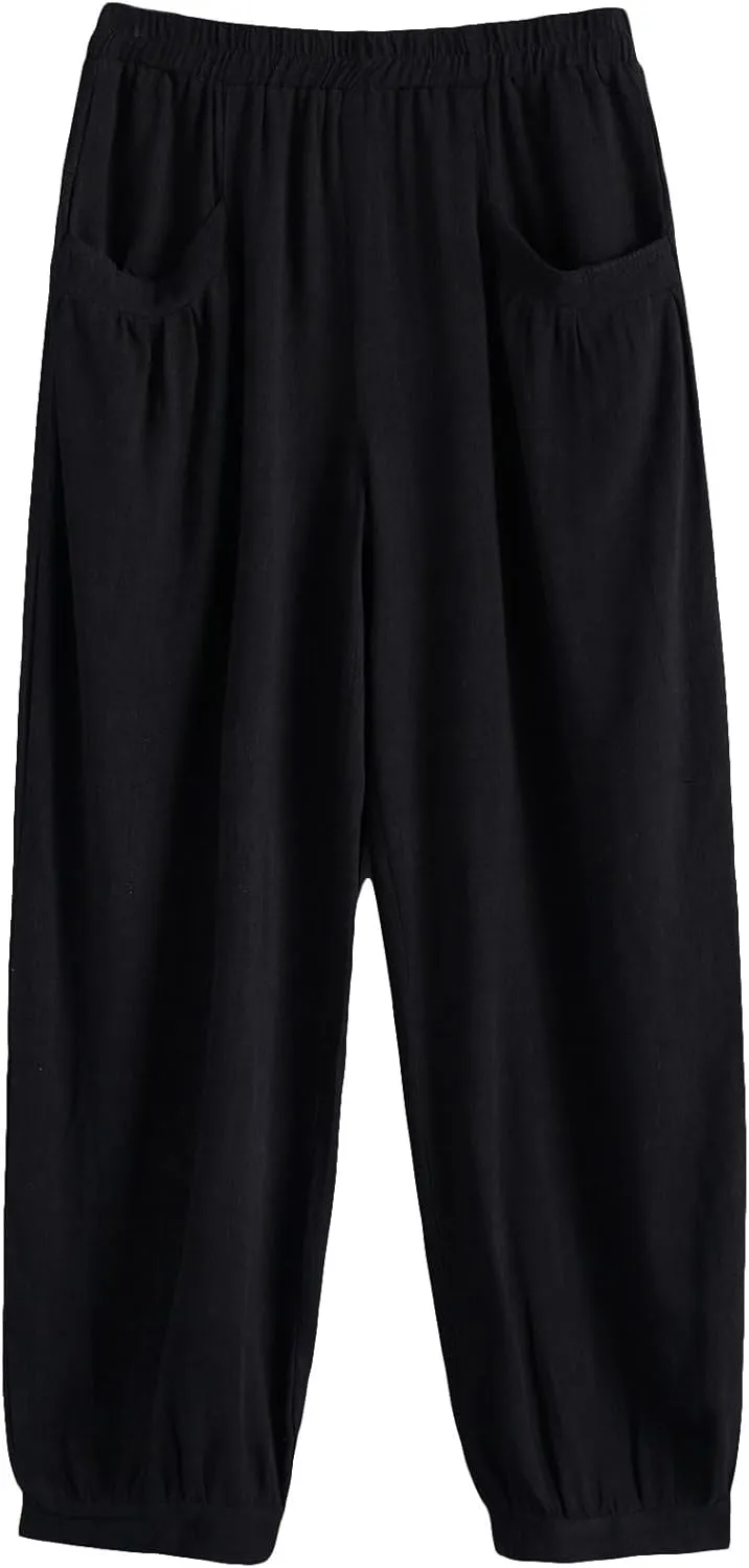Minibee Women's Cotton Linen Tapered Cropped Pants Elastic Waist Trousers