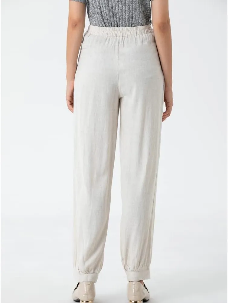 Minibee Women's Cotton Linen Tapered Cropped Pants Elastic Waist Trousers