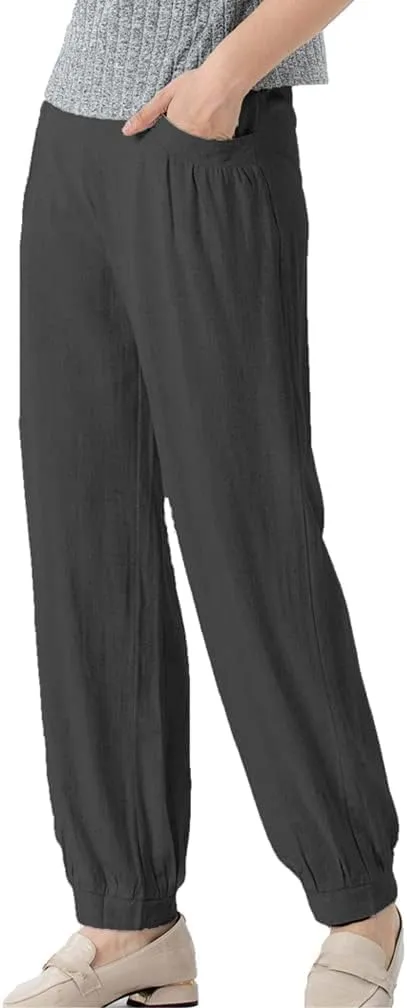 Minibee Women's Cotton Linen Tapered Cropped Pants Elastic Waist Trousers