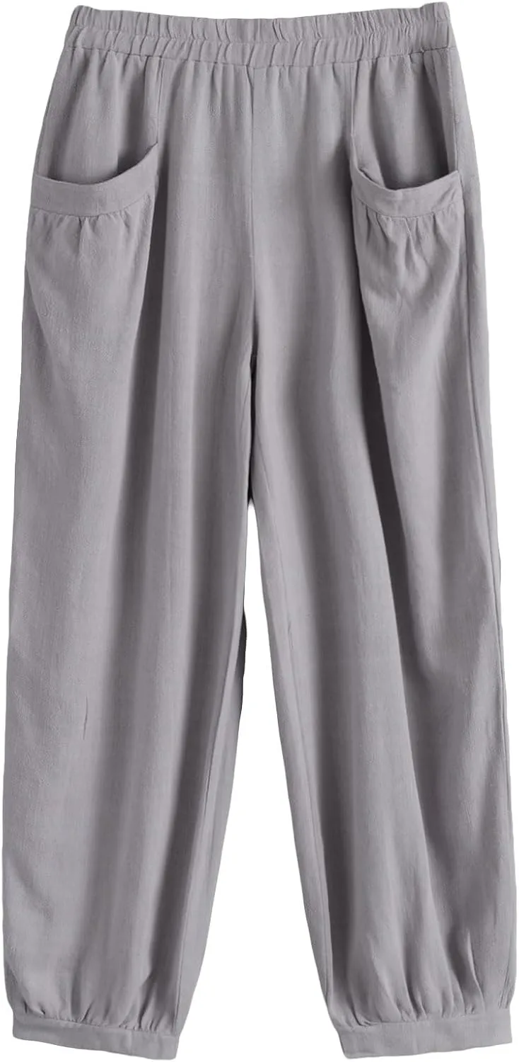 Minibee Women's Cotton Linen Tapered Cropped Pants Elastic Waist Trousers