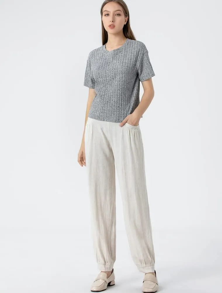 Minibee Women's Cotton Linen Tapered Cropped Pants Elastic Waist Trousers