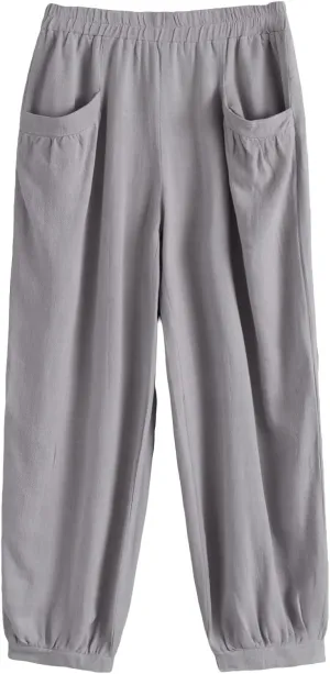 Minibee Women's Cotton Linen Tapered Cropped Pants Elastic Waist Trousers