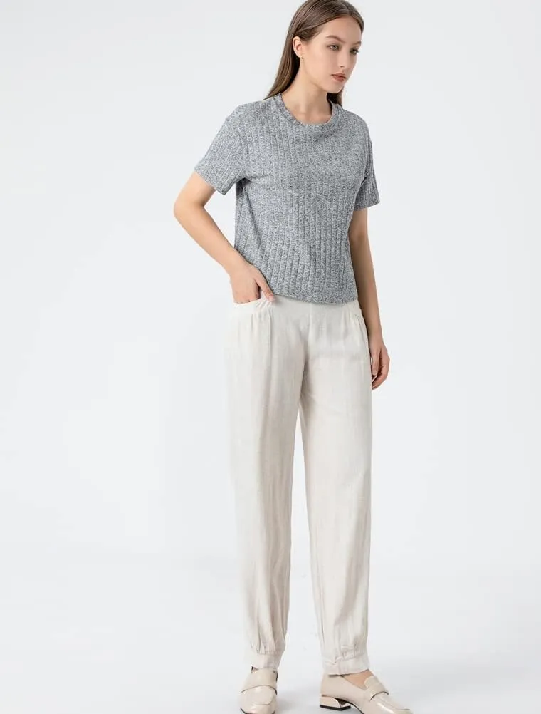 Minibee Women's Cotton Linen Tapered Cropped Pants Elastic Waist Trousers
