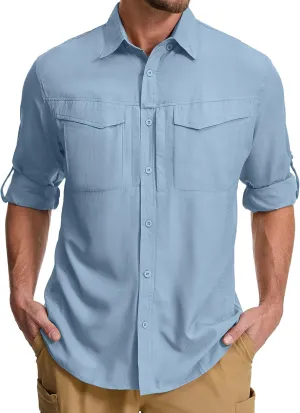 mixtiq Men's Sun Protection Safari Shirts Long Sleeve UPF 50  UV Quick Dry Travel Hiking Fishing Shirts with Zipper