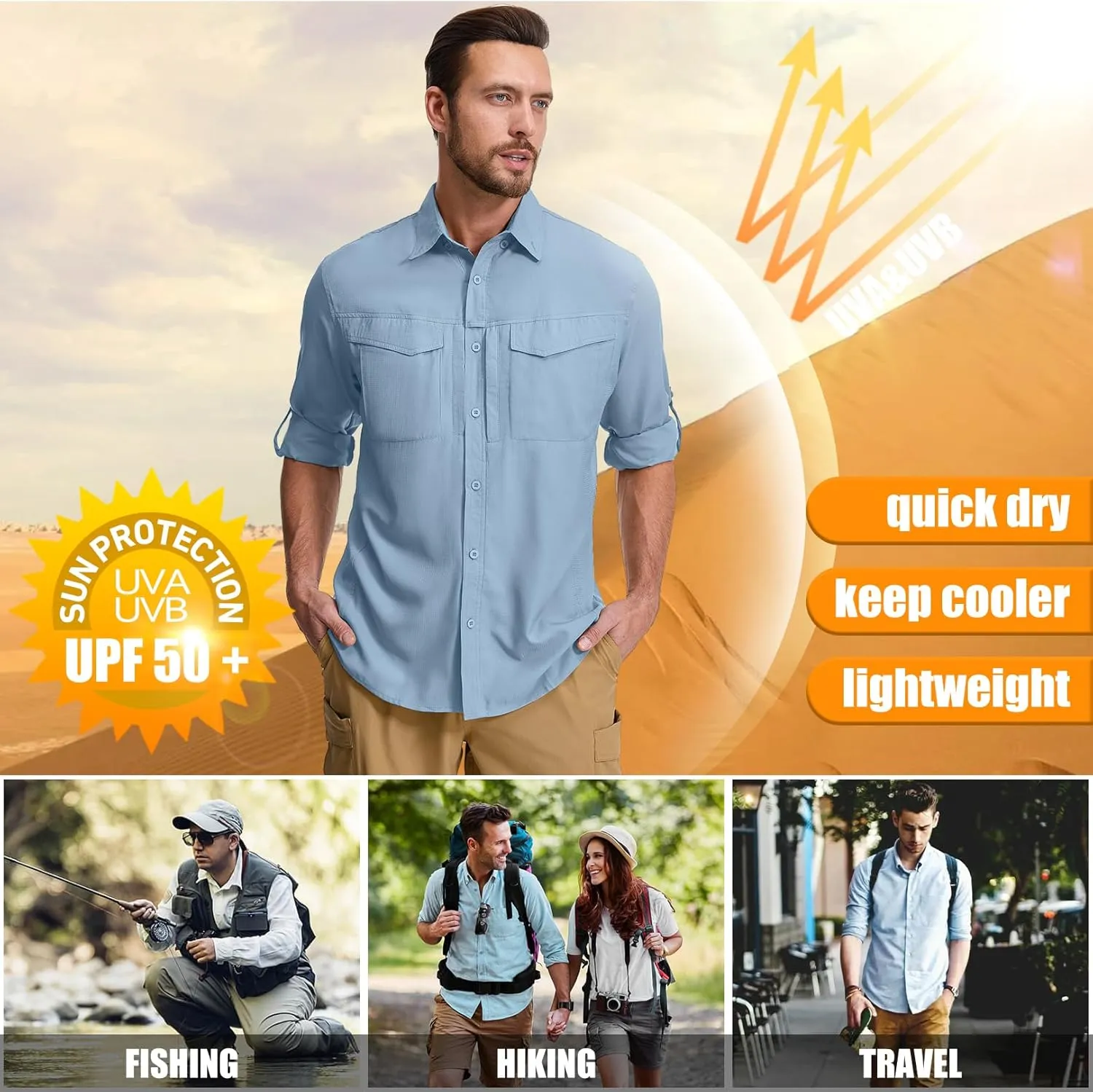 mixtiq Men's Sun Protection Safari Shirts Long Sleeve UPF 50  UV Quick Dry Travel Hiking Fishing Shirts with Zipper