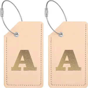 Monogram Luggage Tag, 2 Pcs Initial Luggage Tag, Luggage Name Tags for Suitcases, PU Leather Luggage Tags with Name ID Labels & Stainless Steel Loops for Suitcases, Travel Bag, Baggage (Letter A)