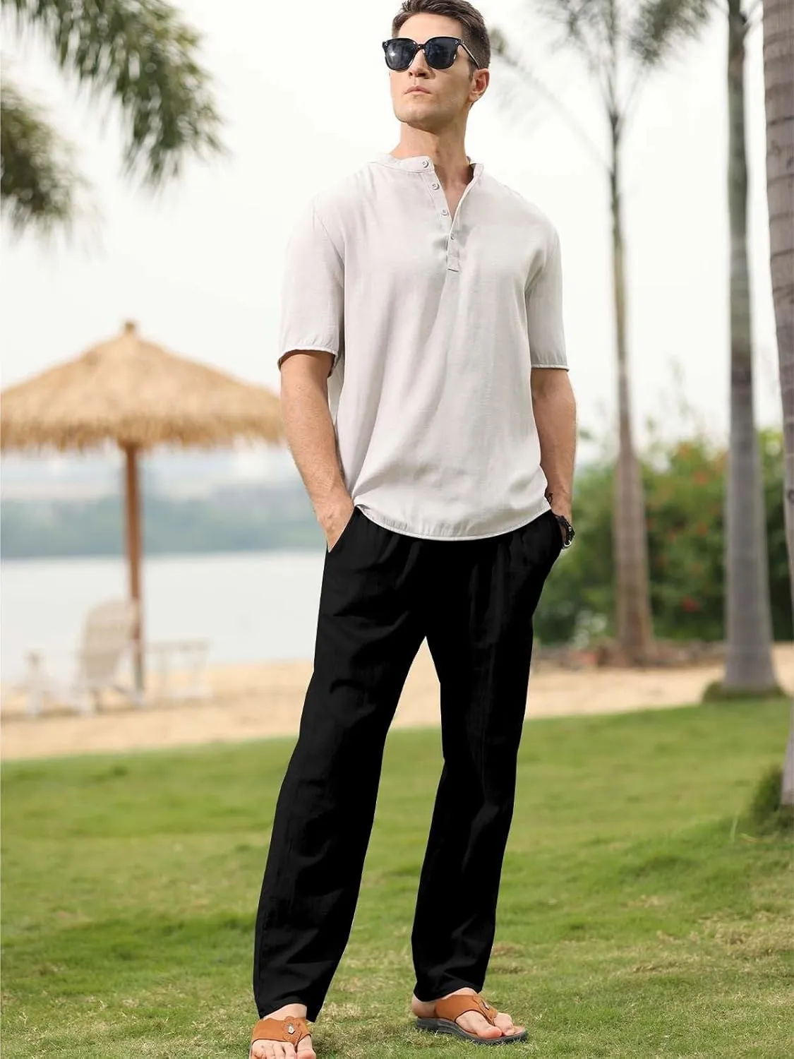 MorwenVeo Men's Linen Pants Casual Drawstring Yoga Beach Trousers Lightweight Loose Fit Elastic Waist Summer Pant