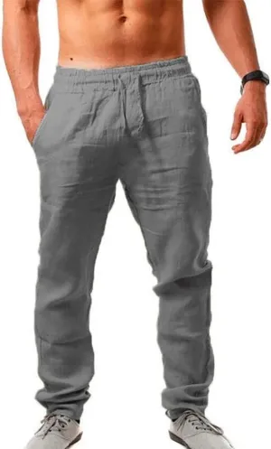 MorwenVeo Men's Linen Pants Casual Drawstring Yoga Beach Trousers Lightweight Loose Fit Elastic Waist Summer Pant