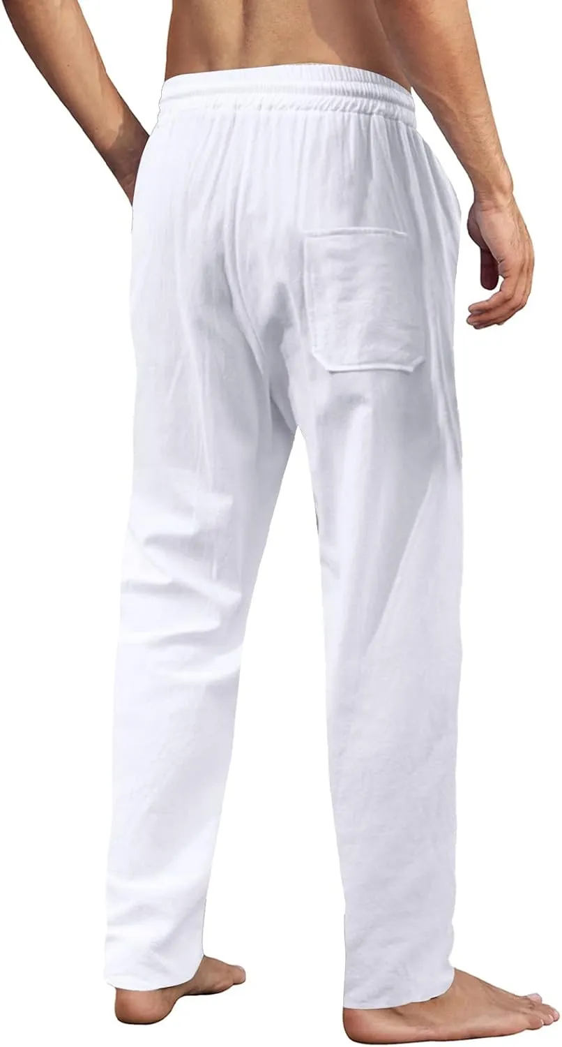 MorwenVeo Men's Linen Pants Casual Drawstring Yoga Beach Trousers Lightweight Loose Fit Elastic Waist Summer Pant