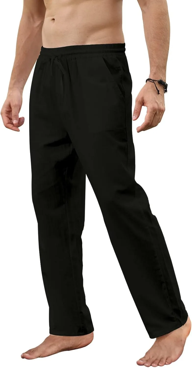 MorwenVeo Men's Linen Pants Casual Drawstring Yoga Beach Trousers Lightweight Loose Fit Elastic Waist Summer Pant
