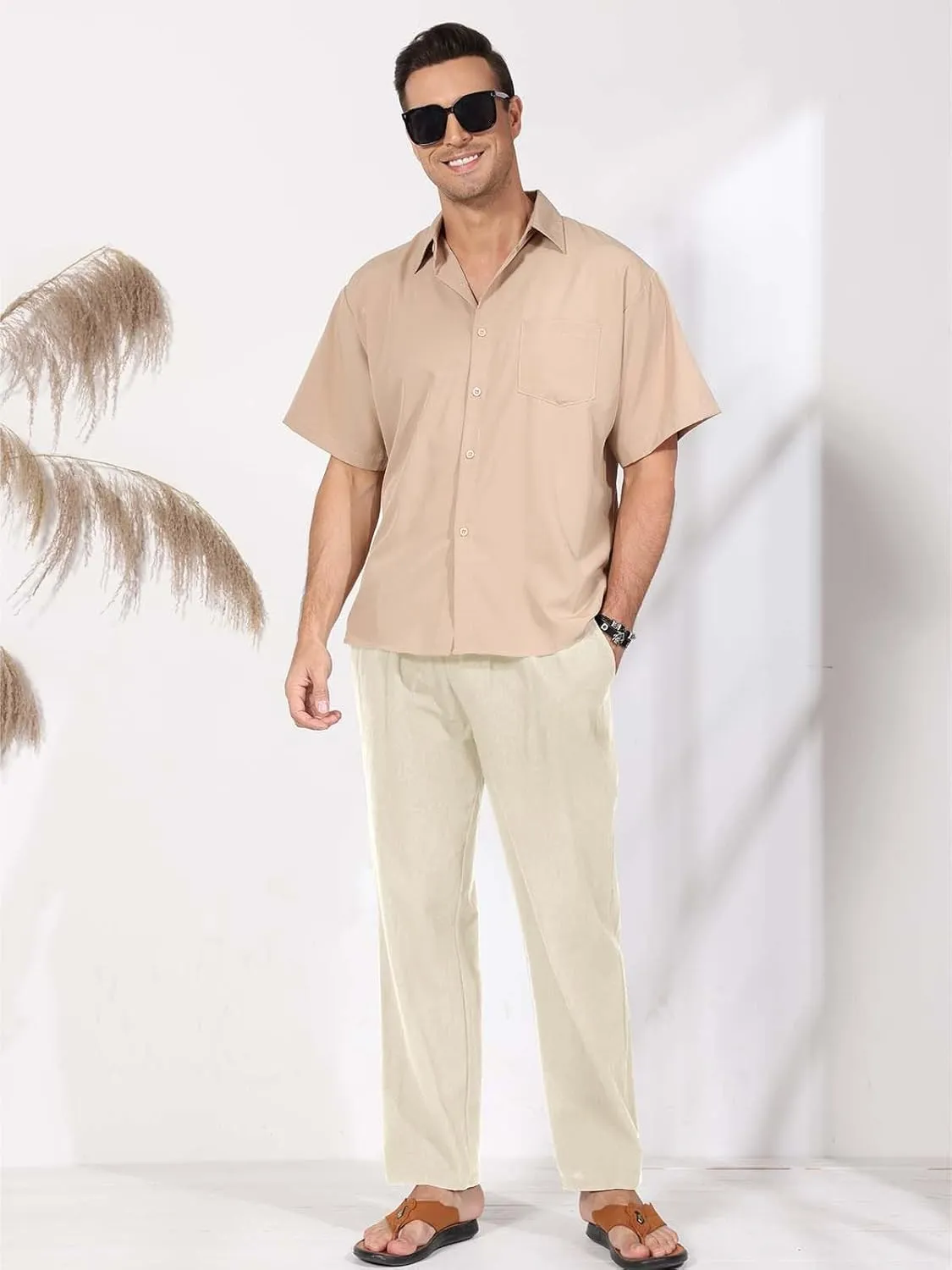 MorwenVeo Men's Linen Pants Casual Drawstring Yoga Beach Trousers Lightweight Loose Fit Elastic Waist Summer Pant