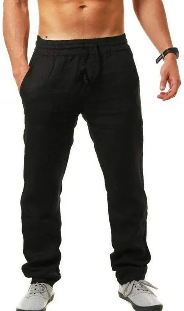MorwenVeo Men's Linen Pants Casual Drawstring Yoga Beach Trousers Lightweight Loose Fit Elastic Waist Summer Pant