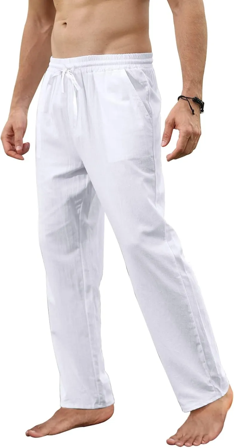 MorwenVeo Men's Linen Pants Casual Drawstring Yoga Beach Trousers Lightweight Loose Fit Elastic Waist Summer Pant