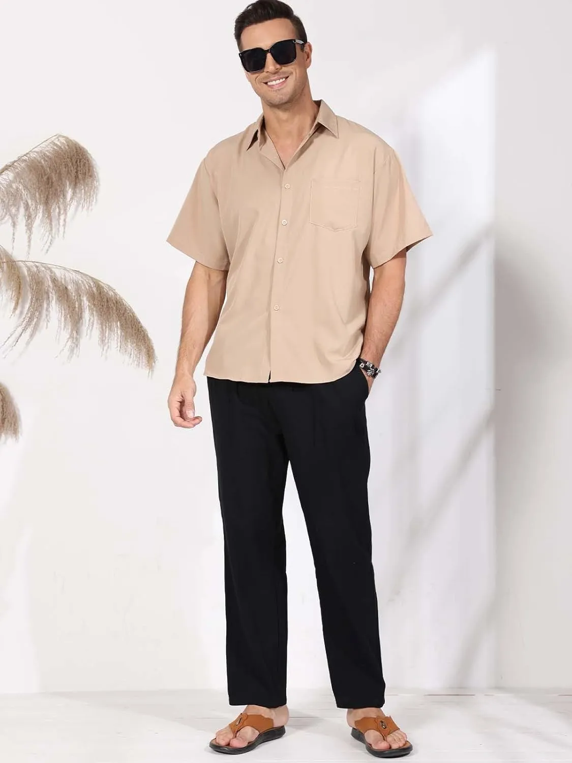 MorwenVeo Men's Linen Pants Casual Drawstring Yoga Beach Trousers Lightweight Loose Fit Elastic Waist Summer Pant