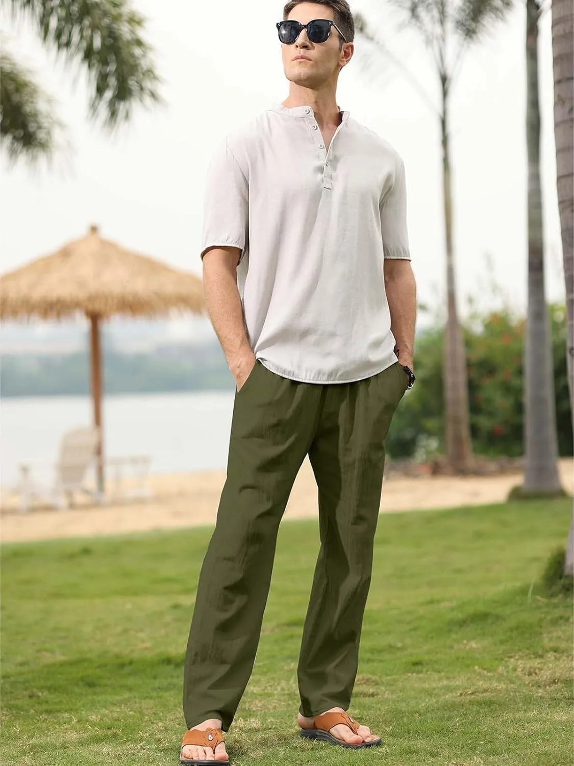 MorwenVeo Men's Linen Pants Casual Drawstring Yoga Beach Trousers Lightweight Loose Fit Elastic Waist Summer Pant
